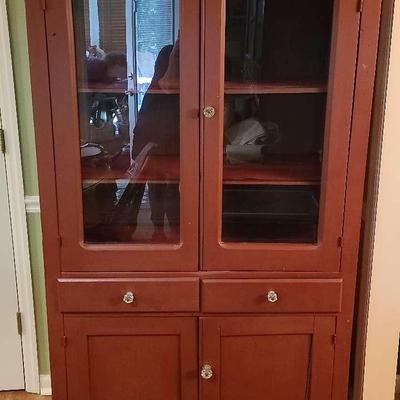 Red Wooden Display Cabinet with Glass Doors & Punched Tin Sides