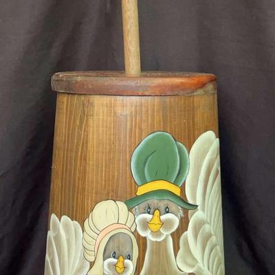 Hand-Painted Wooden Butter Churn with Folk Art Chicken Motif