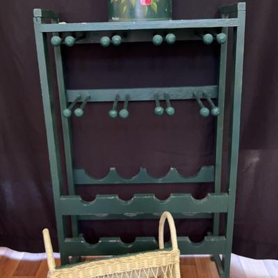 Handpainted Wine Rack And Signed Metal Can With A Matching Magazine Stand