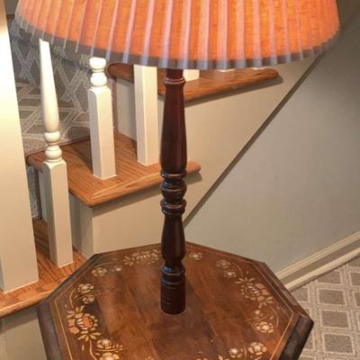 Wooden Table Lamp with Inlaid Floral Design