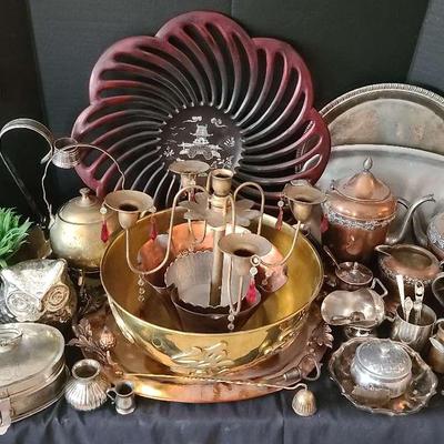 Metal Decor Collection Featuring Tea Set, Platters & Candle Holders