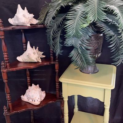 Small Wooden Corner Shelf And Green Plantstand With Faux Plant And Shells 