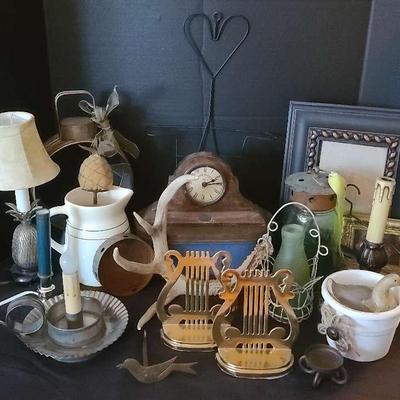 Primitive Lamps, Brass Bookends, Wooden Clock & More