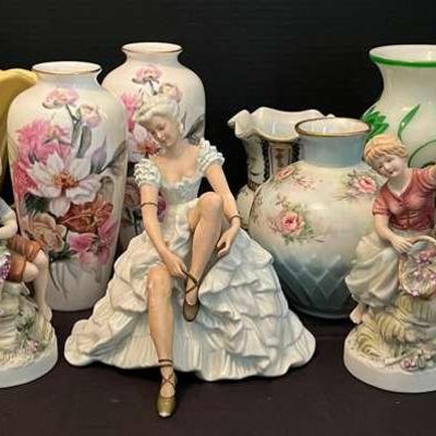 Ceramic Vases and Figures, Including German Woman Figure