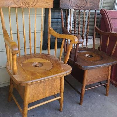 Two Wooden Press Back Potty Chairs