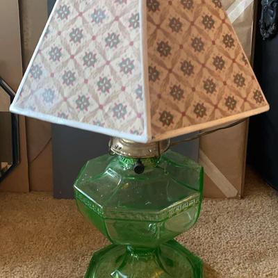 Green Glass Lamp with Patterned Shade, Possibly Uranium Glass