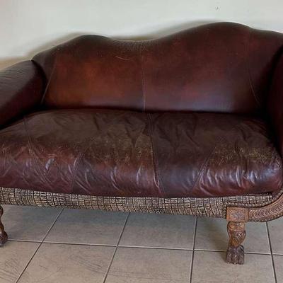 Vintage Leather Sofa with detailed wood trim