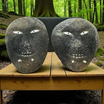Inuit carved maskettes male female pair 3