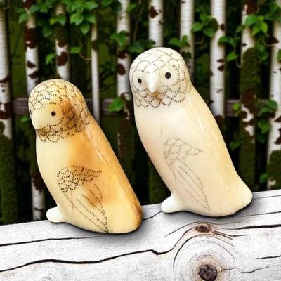 Pair of scrimshaw owls