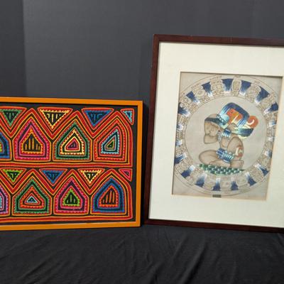 Set of 2 Framed Ethnic Textile and Mayan Calendar Artworks