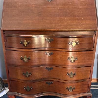 Antique Mahogany Slant-Front Secretary Desk with Serpentine Drawers and Ball-and-Claw Feet