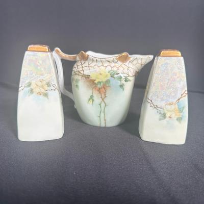 Antique Hand-Painted Porcelain Creamer & Shaker Set – Yellow Roses & Gilded Accents