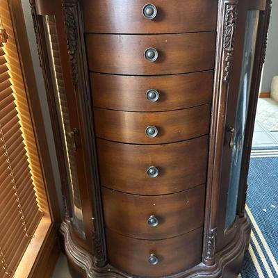 Antique-Style Wooden Jewelry Armoire with Side Glass Panels