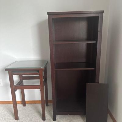 Wood & Glass Side Table + Tall Dark Wood Media Shelf – Matching Pair