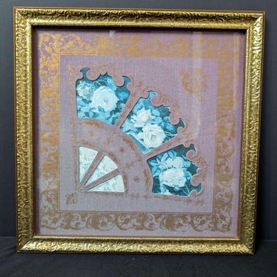 Framed Home Interiors Gold Foil Fan Art with Blue Rose Detail