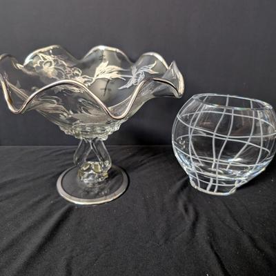 Pair of Decorative Glass Pieces – Silver-Rimmed Pedestal Bowl & Etched Vase
