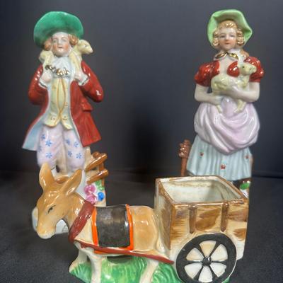 Vintage Ceramic Figurines – Donkey Cart Planter & Country Couple with Lambs