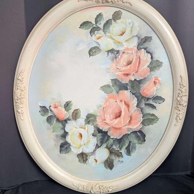 Vintage Oval Floral Painting – Soft Pastel Roses in Ornate White Frame – Signed by Artist