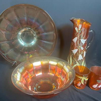 Vintage Marigold Carnival Glass & Hand-Painted Pitcher Set