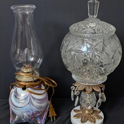 Vintage Glass & Crystal Lamp Duo – Volcanic Ash & Carrara Marble Bases