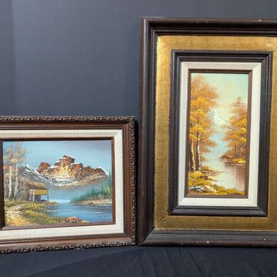 Vintage Framed Oil Paintings – Mountain & Autumn Lake Scenes – Signed “Falcon” & Ornate Frames