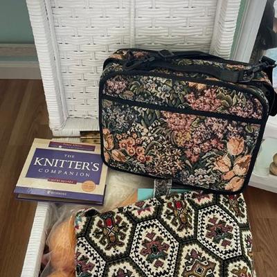 HKM063 - A Knitter’s Delight! Lots Of Yarn, Knitting Needles, Totes, & A Beautiful Wicker Hamper !