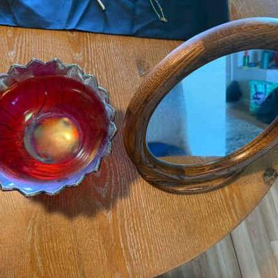 HKM012 Iridescent Carnival Bowl with Wood-Framed Mirror