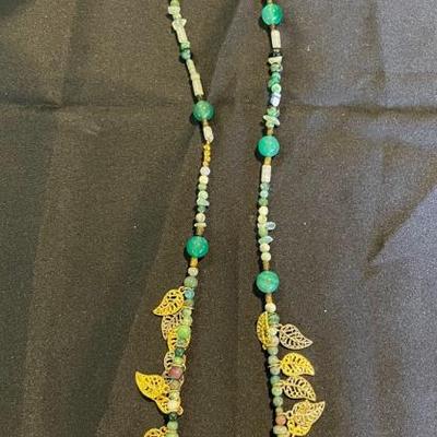 HKM018 - 14” Green Stone & Gold Leaf Necklace 