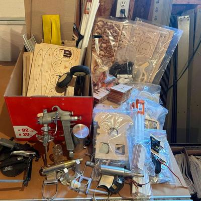 Potentially Incomplete T-12 Model Airplane Kit With Airbrushes, Various Wooden Pieces, & More 