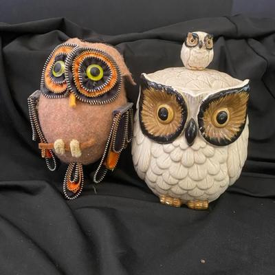 Vintage Ceramic Owl Cookie Jar & Felt Decorative Owl