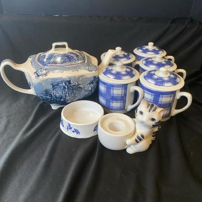 Johnson Brothers Teapot, Mugs With Lids & Decorative Cat Candle Holder