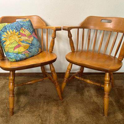 Two Wooden Swedish Chairs And Retro Sunshine Pillow