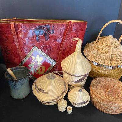 Genuine Leather Purse With Woven Nesting Baskets, Wall Trivet, Straw Purse, And Honey Pot 