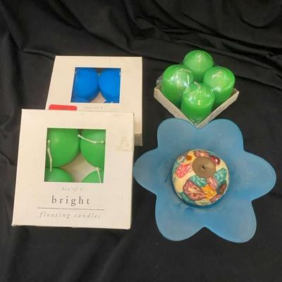 Bright Floating Candles & Votives With Flower Dish & Candle