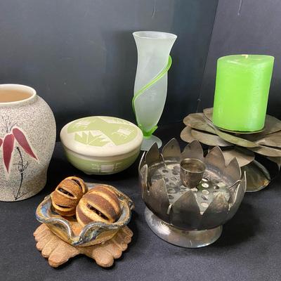 Pottery Vase, Lidded Trinket Bowl, Small Footed Bowl, Vase, And Two Candle Holders 
