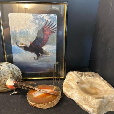 Holographic Eagle Print With Stone Ash Tray, Photo Holder, And Flower Frog Vase