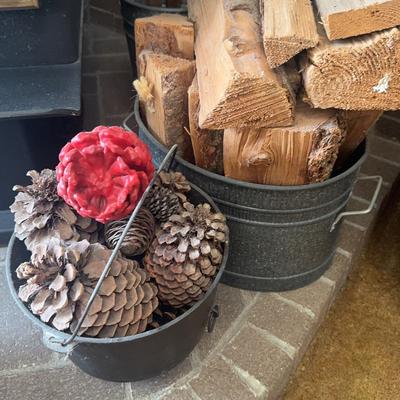 Three Tin Pots With Wood And Pinecones