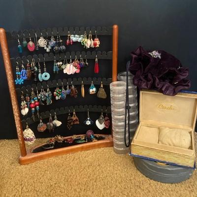 Assortment Of Hanging Pierced Earrings, Containers & Jewelry Storage