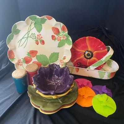Fruit Medley Ceramic Leaf Dishes, Vintage Strawberry Serving Platter, Handled Basket & More