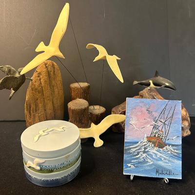 Small Seaside Decor Pieces Including Candle, Miniature Painting, And John Perry Sculpture  