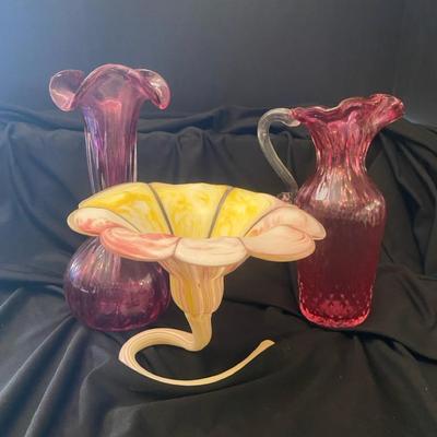 Vintage Cranberry Art Glass Vases With Floral Glass Vase
