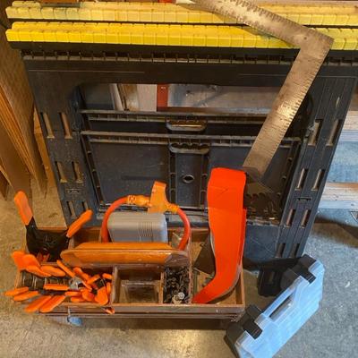 Two Sawhorses, Handmade Wood Tool Carrier, Clamps & More