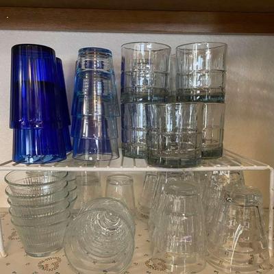 Colbalt Blue & Clear Glasses In Different Sizes With 11 Ramekins And Rack