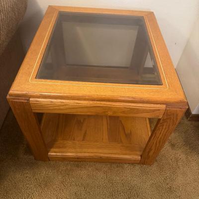 Vintage Pair Of Oak Side Tables With Brass Trim And Black Frosted Glass