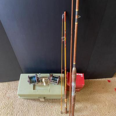Two Penn 209ms Level Wind Reels & Fishing Poles with Tackle Box