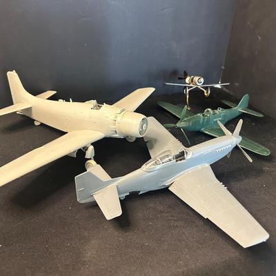 Three Small Tabletop Model Airplanes With Handcrafted Metal Plane Decor