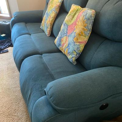 Blue Micro Fiber Reclining Sofa, Floor Lamp & Pillows