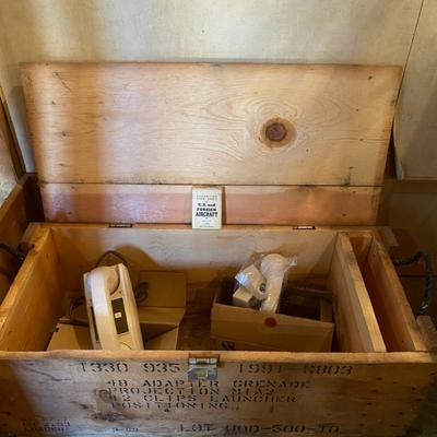 Wooden Military Crate With Vintage Air Phones & Study Cards