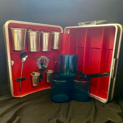 Vintage Platt Travel Martini Case & Contents With Colored Drinking Glasses