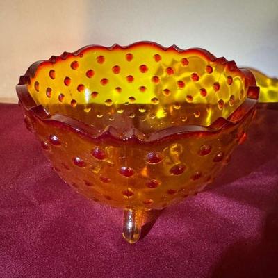 Amberina hobnail footed dish